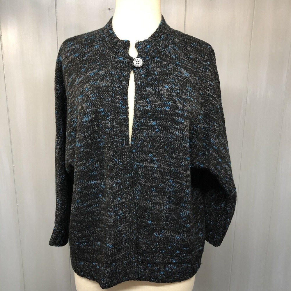 Evan Picone Women's Cardigan Sweater Size XL 1 Button Black Gray Blue Heather